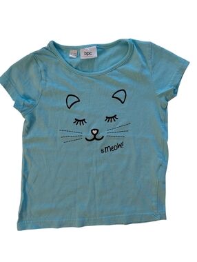 bpc Girls Light Blue Cat Face Tee with #meow! Graphic Cotton Size 6-7